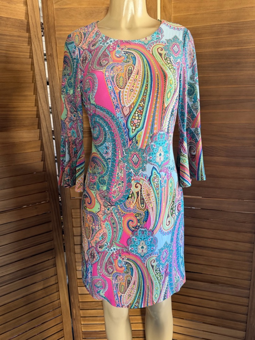 Tommy Hilfiger Paisley Long-Sleeve Shift Dress — Pink & Aqua